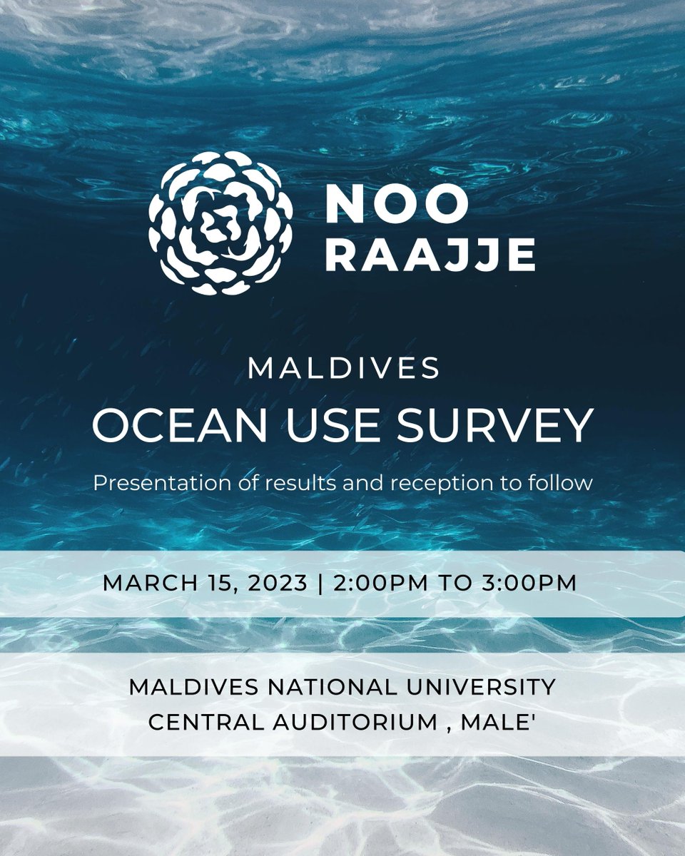 NooRaajje's tweet photo. The Maldives Ocean Use Survey is complete and we are thrilled to share the results. Attend our OUS presentation to learn more and speak to the team!

When: March 15 at 14:00
Where: Maldives National University, Male @MNUedu 
 
Register: https://t.co/ays1rh7fFm https://t.co/syoiEzvi8c