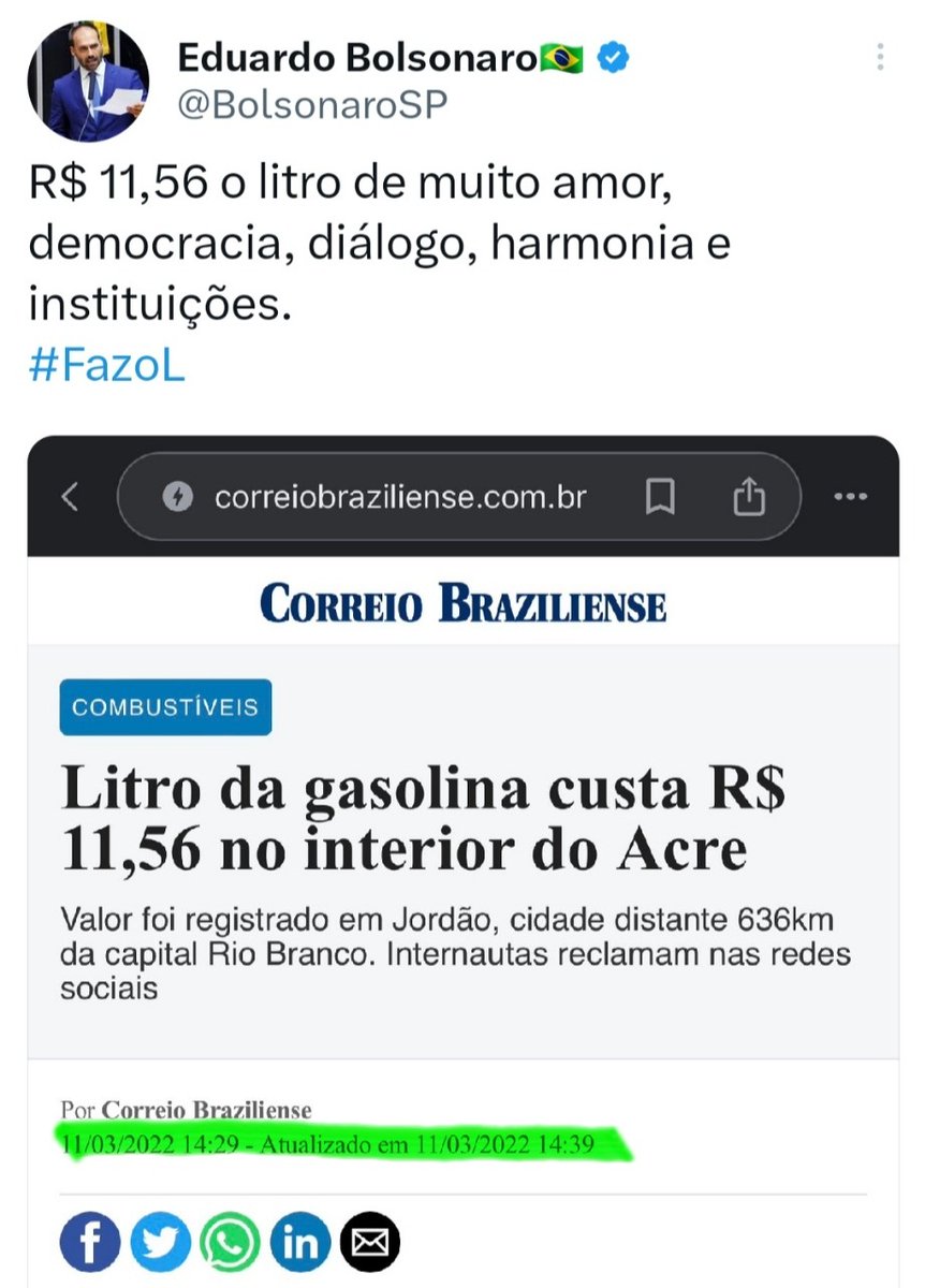 EdineiDuarte3's tweet photo. Bananinha se f... fez a publicação com 11,56 o preço da gasolina mas esqueceu de verificar a data. Resumindo teve que apagar. Não se cansam de passar vergonha PQP. https://t.co/uEs4C7BX1G