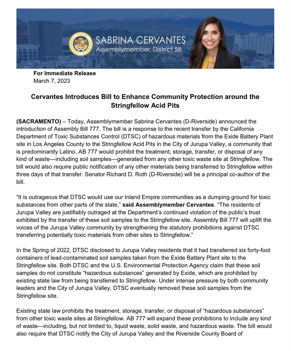 SenCervantes's tweet photo. .@jurupaValleyGov residents are justifiably outraged at the Department of Toxic Substances Control’s (DTSC) continued violation of public trust exhibited by the transfer of soil samples to the #Stringfellow Acid Pits Superfund Site. 1/ https://t.co/8NDGGeO700