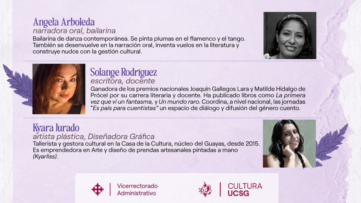 Conoce el programa: “Cultura UCSG”, el cual busca impulsar actividades en el ámbito de Arte y Cultura 🎭
Comenzamos con una conmemoración a la actividad de las mujeres en sociedad, en el marco del Día de la Mujer 💜 con el evento “Alumbramientos: Mujeres frente a la creación”.