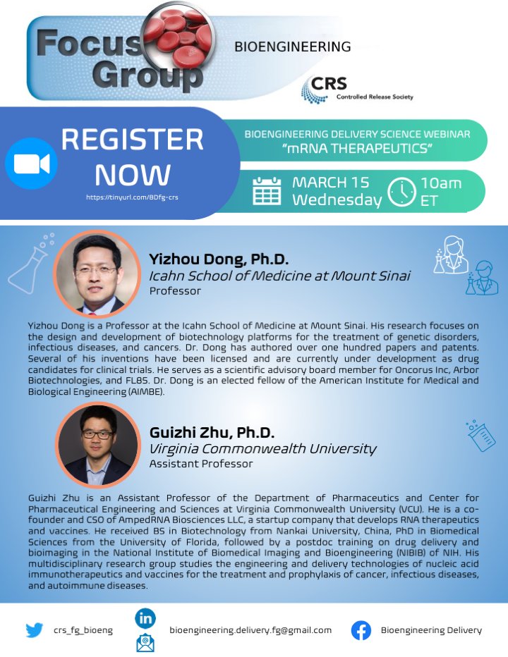 Want to hear more about #mRNA #therapeutics? Join our #Bioengineering Live #Webinar: save the date and register at the link below for next Wednesday, March 15th at 10am ET! See you on Zoom! 

tinyurl.com/BDfg-crs

#mRNA #genetherapy #therapeutics #nanotechnology #geneticcargo