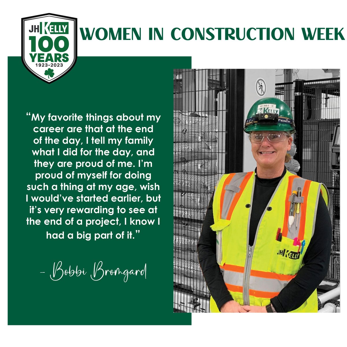 It is Day 2 of Women in Construction Week! 👷‍♀️🎉Today, we are celebrating electrical foreman Bobbi Bromgard! We asked Bobbi what she finds most rewarding about her career. Bobbi is an asset to every project she touches! We are lucky to have you as part of the JH Kelly Family! 🍀