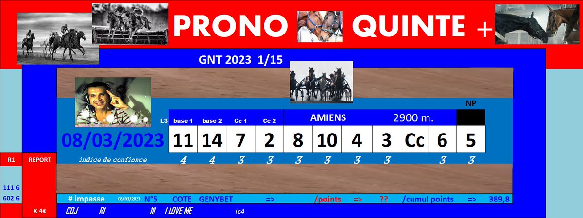 J_Ymontpellier's tweet photo. #angeduturfL3080323 11.14 cc 7.2
#sextetstar080323 @pegaseturf
11.14.7.2.8.10 cc 4.3
#impasse080323 => N°5
#cdj080323 @ricard_quentin
R1 AMIENS
111 I LOVE ME ic4
10€ G
#report080323 @LucSky21187326
R1 AMIENS
111 G
602 G X 4€
#prono080323 https://t.co/h5Sbnp4iD9