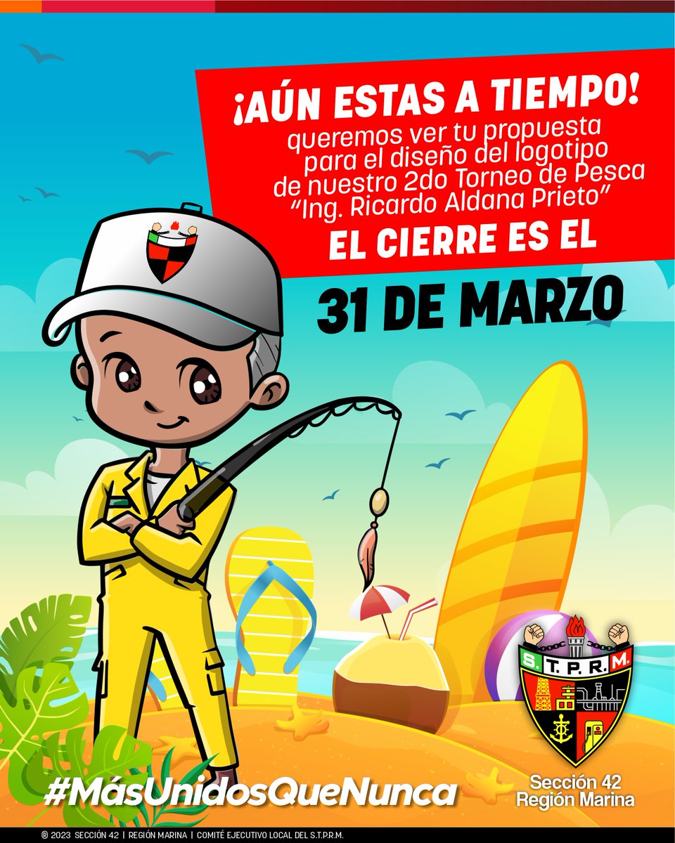 Seccion42_STPRM's tweet photo. ¡Aún estás a tiempo!
Envíanos tu propuesta para el logotipo de nuestro 2do Torneo. El cierre es el 31 de marzo.
#MásUnidosQueNunca
#SomosSTPRM
#UnidosVenceremos https://t.co/htbsyMXsLc
