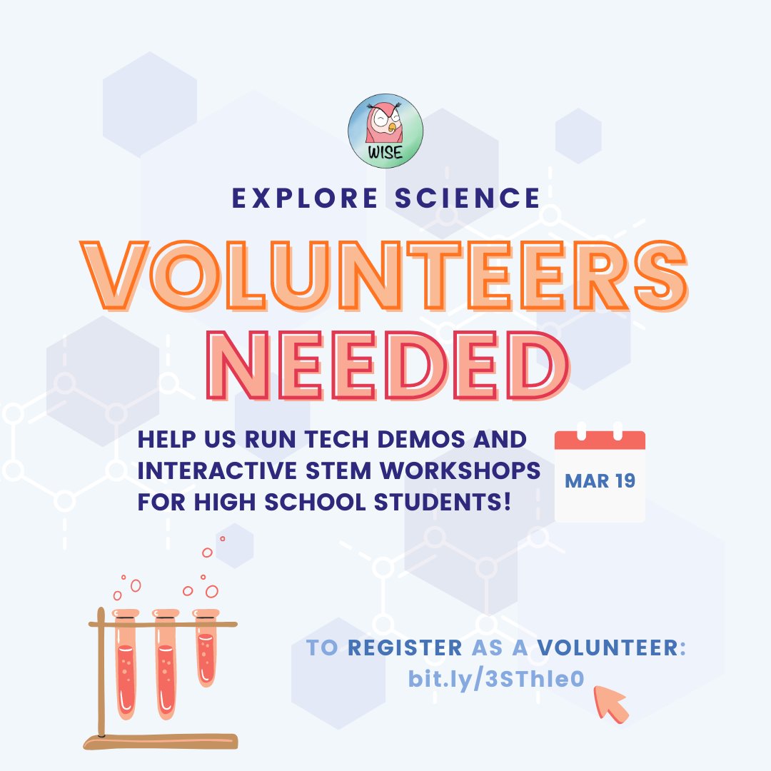 ✨Are you interested in impacting and encouraging youth to pursue STEM educational paths? 🚀Explore Science is looking for volunteers to help run workshops, demos, network with bright minds, and help interact with high school students. Registration is at bit.ly/3SThle0