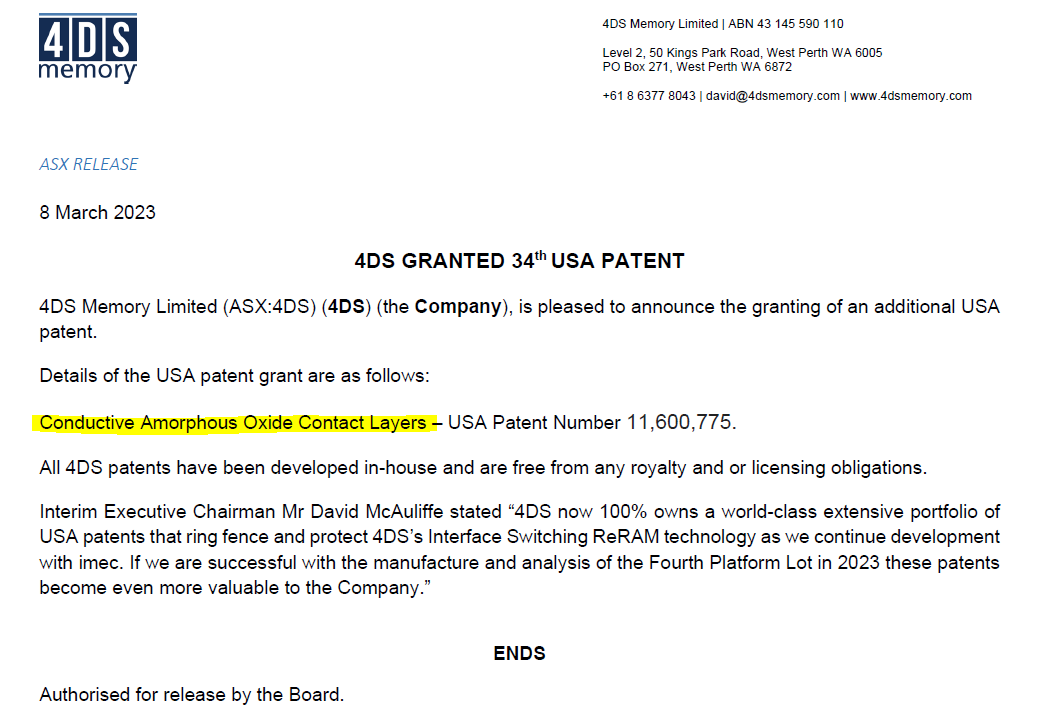 HDCCreative's tweet image. $4DS building up a nice bank of patents for their #NVM #ReRAM technology