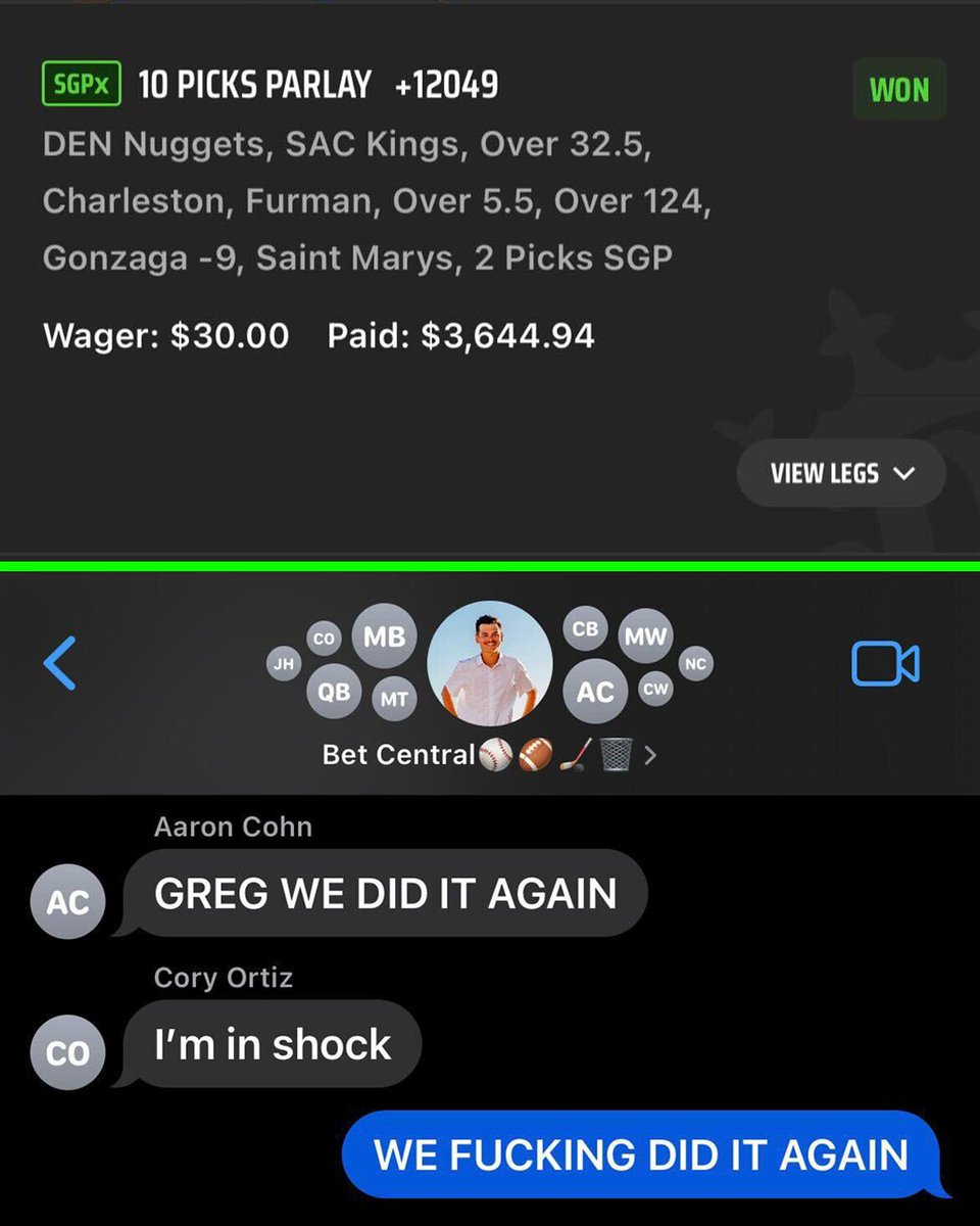 br_betting's tweet photo. THE HOTTEST GROUP CHAT ON EARTH 😂

The group chat that hit the parlay for the trip to Vegas hit another one last night 🤯

(IG: desmond_bunting/@DKSportsbook) https://t.co/JcdMeMgjs0