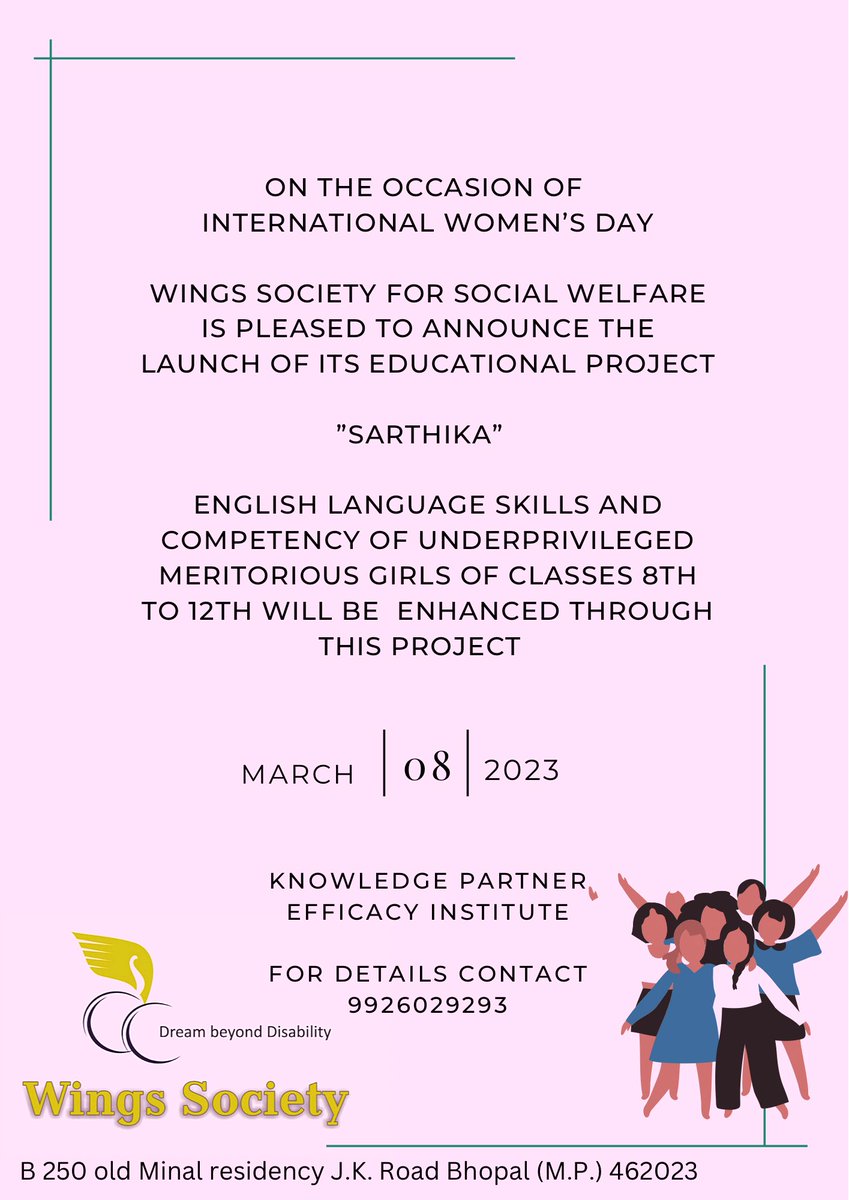 pujabsub's tweet photo. As women’s day gift, Wings Society for #Social #Welfare #Bhopal launched educational project “Sarthika” to impart free of cost #English language #education to #meritorious #underprivileged #girls of classes 8th to 12th. #righttoeducation #skilldevelopment https://t.co/8JhD8P2ZyU