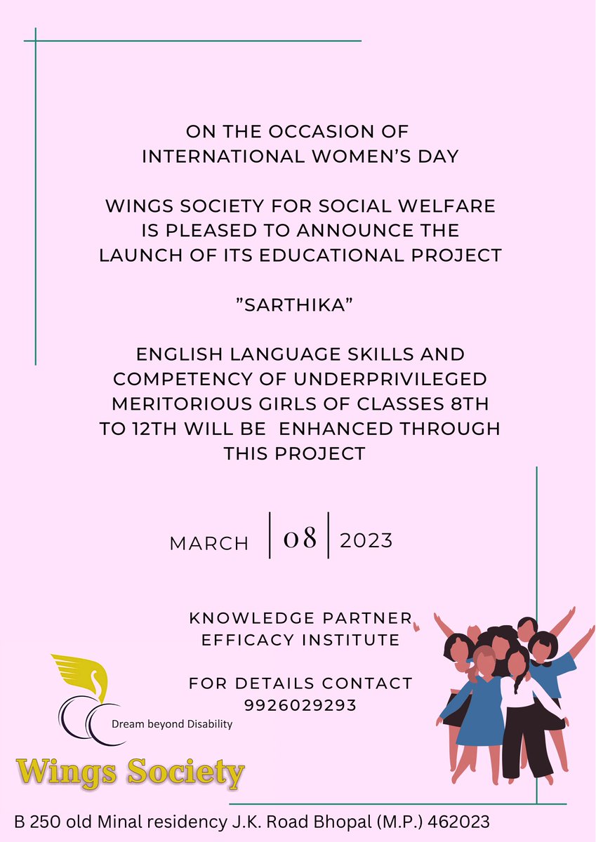 As women’s day gift, Wings Society for #Social #Welfare #Bhopal launched educational project “Sarthika” to impart free of cost #English language #education to #meritorious #underprivileged #girls of classes 8th to 12th. #righttoeducation #skilldevelopment