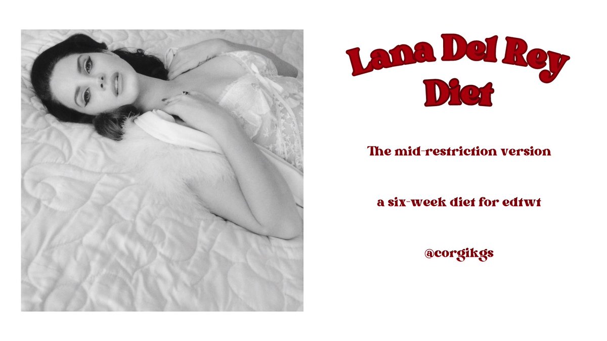 corgikgs's tweet image. ⋆ ˚｡⋆୨୧˚　˚୨୧⋆｡˚ ⋆

     ❝ the 𝐥𝐚𝐧𝐚 𝐝𝐞𝐥 𝐫𝐞𝐲 diet ❞
6-weeks of living lana's life throughout her albums. . .and losing weight !