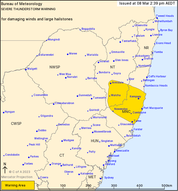 NSWSES's tweet photo. Severe Thunderstorm Warning for DAMAGING WINDS &amp; LARGE HAILSTONES for parts of #MidNorthCoast &amp; #NorthernTablelands Forecast Districts. May include: #PortMacquarie, #Taree, #Kempsey, #Armidale, #Yarrowitch &amp; #Walcha

Current 2.39pm Wed 8 March. More info: https://t.co/InzttHjcBr https://t.co/SNB92zyTBY