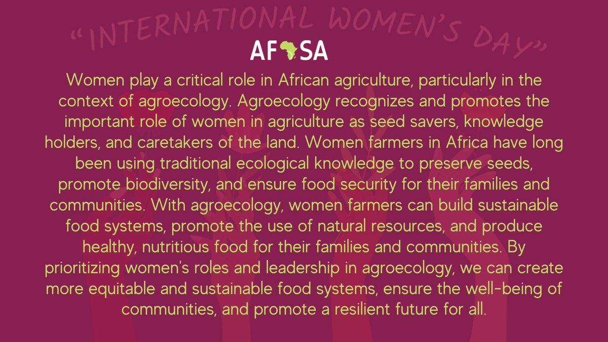 Afsafrica's tweet photo. #Women are the backbone of #African agriculture. By prioritizing women's roles and leadership in #agroecology, we can create more equitable and sustainable #foodsystems, ensure the well-being of communities, and promote a resilient future for all. #InternationalWomensDay https://t.co/NdyI7d3jx3