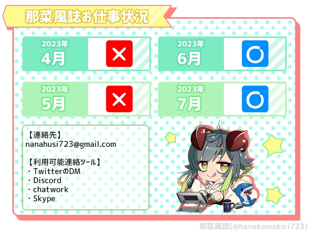 【お仕事募集中】ご相談はいつでもお気軽にご連絡ください!ご依頼はメールやDM、Discord、HPよりお待ちしております!個人様・企業様問わず!可愛いSD描きます!
笑顔のお手伝いをさせてください✨
【tumbler】
https://t.co/SGqVj1PHTF
【skeb】
https://t.co/YkM1KZbed2
#那菜風仕事