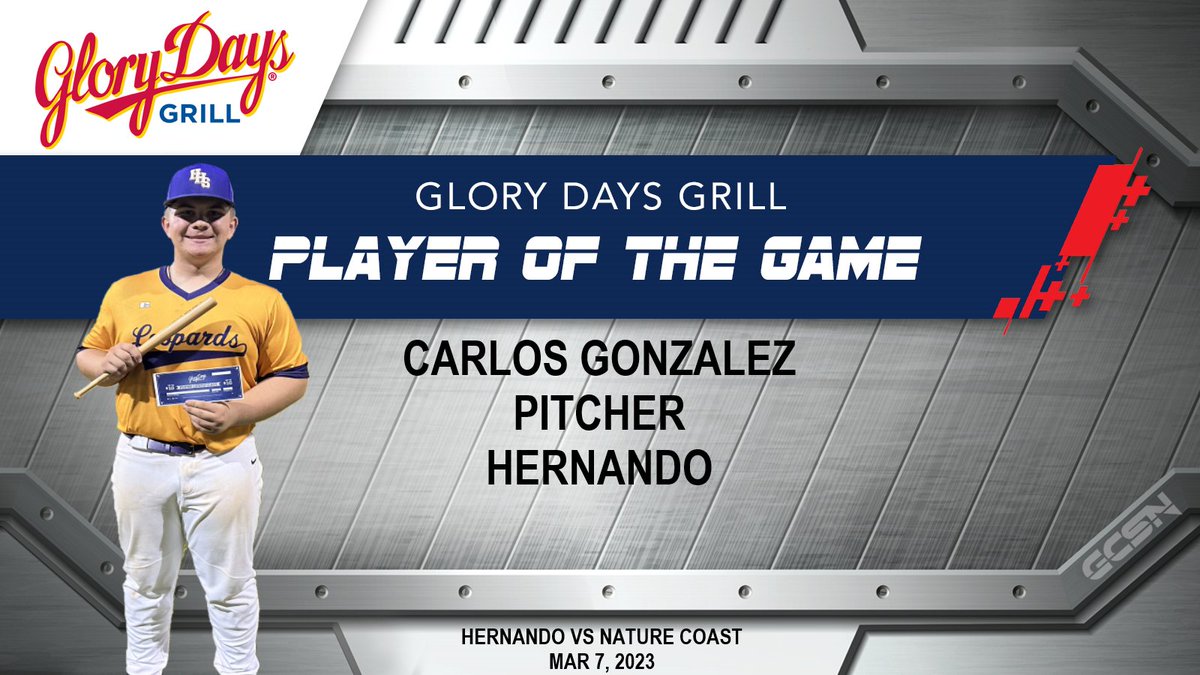 GCSNBroadcasts's tweet photo. Gulf Coast Sports Network would like to congratulate Carlos Gonzalez for being named the Glory Days Player of the Game on our Mar 7, 2023 broadcast! Full game replay available on our youtube channel! @leopardsath  @hernbaseball @CarGo134 #hsbaseball #baseball https://t.co/xGFoctrWgL