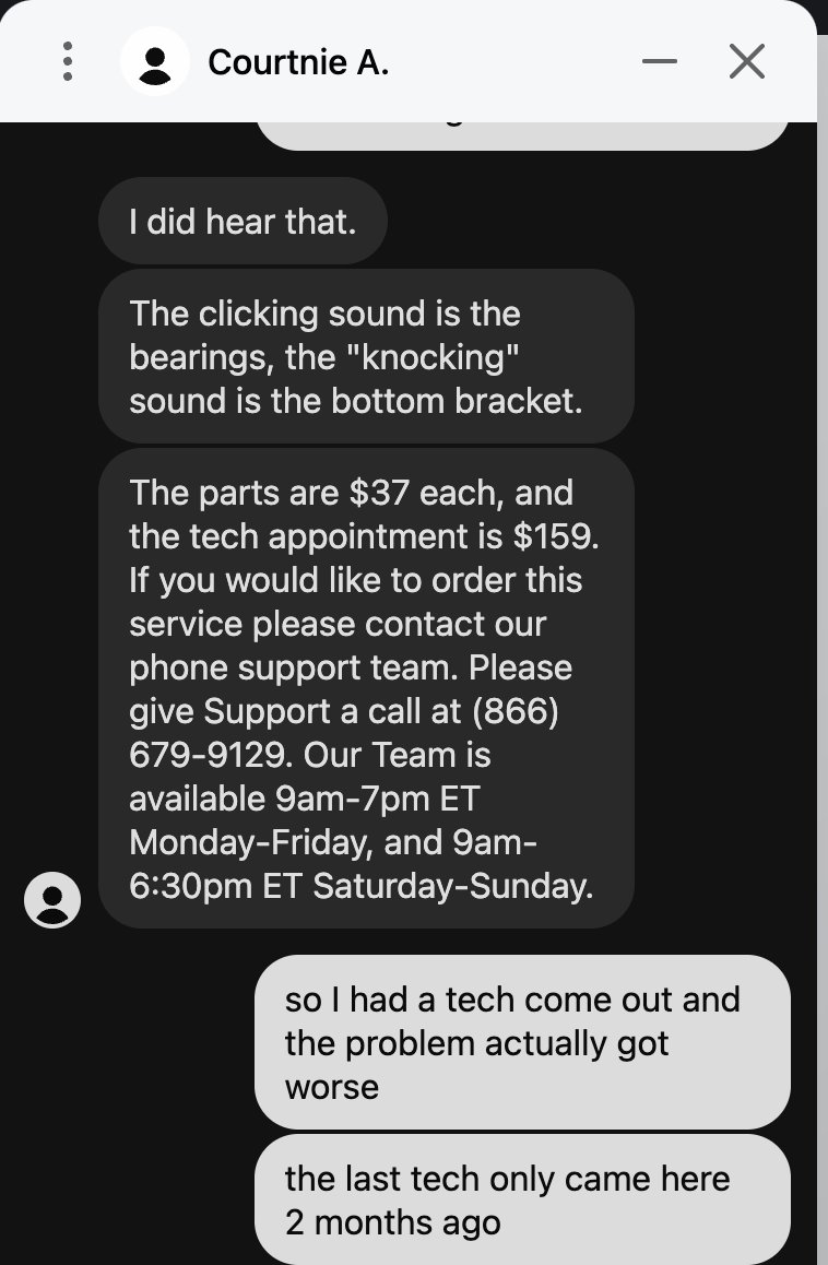 _weeyum_'s tweet photo. @onepeloton I got service on my bike 2 months ago for grinding noises from the bearings. After the technician came out, they tried to fix it but it ended up worse than before.

They want me to pay for the parts AND the technician to come out again... https://t.co/r5LSR7txzW