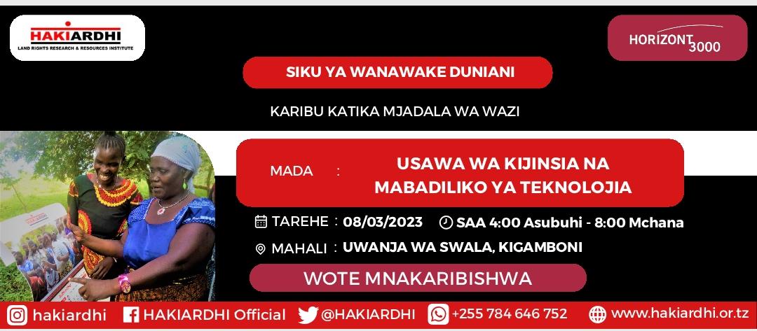 AllianceTALA's tweet photo. Don't miss this public dialogue on IWD 2023 by Hakiardhi,Swala Grounds in Kigamboni Dar es Salaam.Gender equality in the context of changes in technology/technology advancement. https://t.co/CmRlM4YdLK