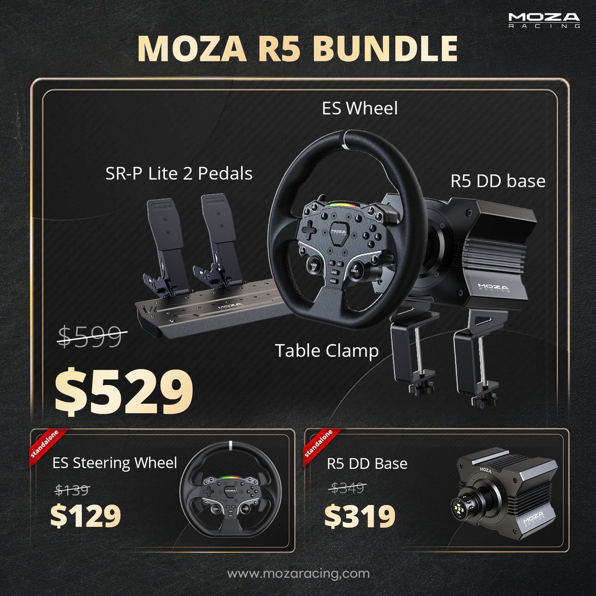 Our dedication to making high-quality gear accessible to all drives us forward!

Today we're excited to offer an unbeatable deal on the Moza R5 bundle. There's never been a better time to upgrade your sim racing setup and enjoy the thrill of DD gear! 

mozaracing.com/product/r5-bun…