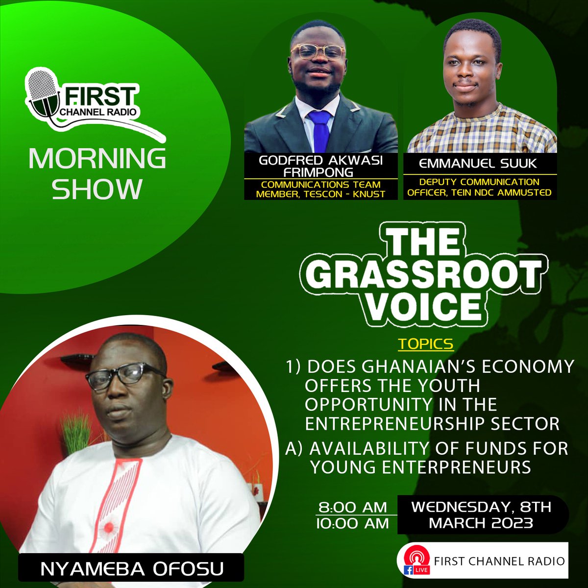 NKesseben's tweet photo. The voice of the grassroots๐๐ฌ๐ญ
Kindly make time with me First channel radio I speak about how the Ghana economy offers the youth opportunity in the entrepreneurship sector
#tesconknust
#fistchannelradio
#thegrassroot https://t.co/G0wn7EXhAN