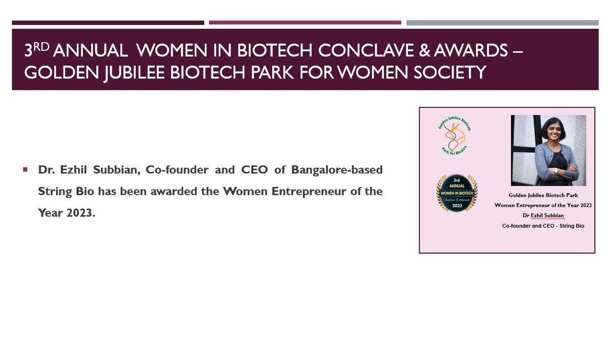 Golden Jubilee Biotech Park for Women Society  heartily congratulates the women achievers.
@RenuSwarup @DrChauhanChhaya @DeepanwitaC @IKP_SciencePark @StringBio @BIRAC_2012 @DBTIndia @able_indiabio @startupindia @TheStartupTN @VedavalliSanka3