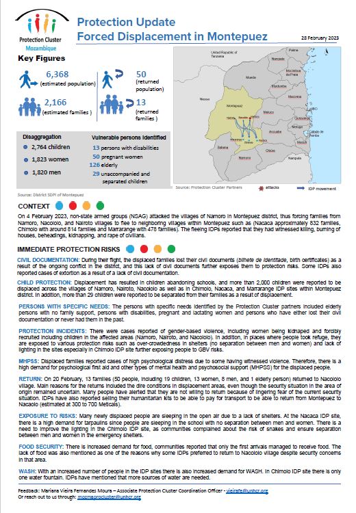 📣Despite the heavy rainy season impacting #Mozambique 🇲🇿 conflict in #CaboDelgado never stopped. On 4 Feb, non-state armed groups attacked the villages of Namoro in Montepuez district, thus displacing families in urgent need of protection. Our report👉🏾reliefweb.int/report/mozambi…..