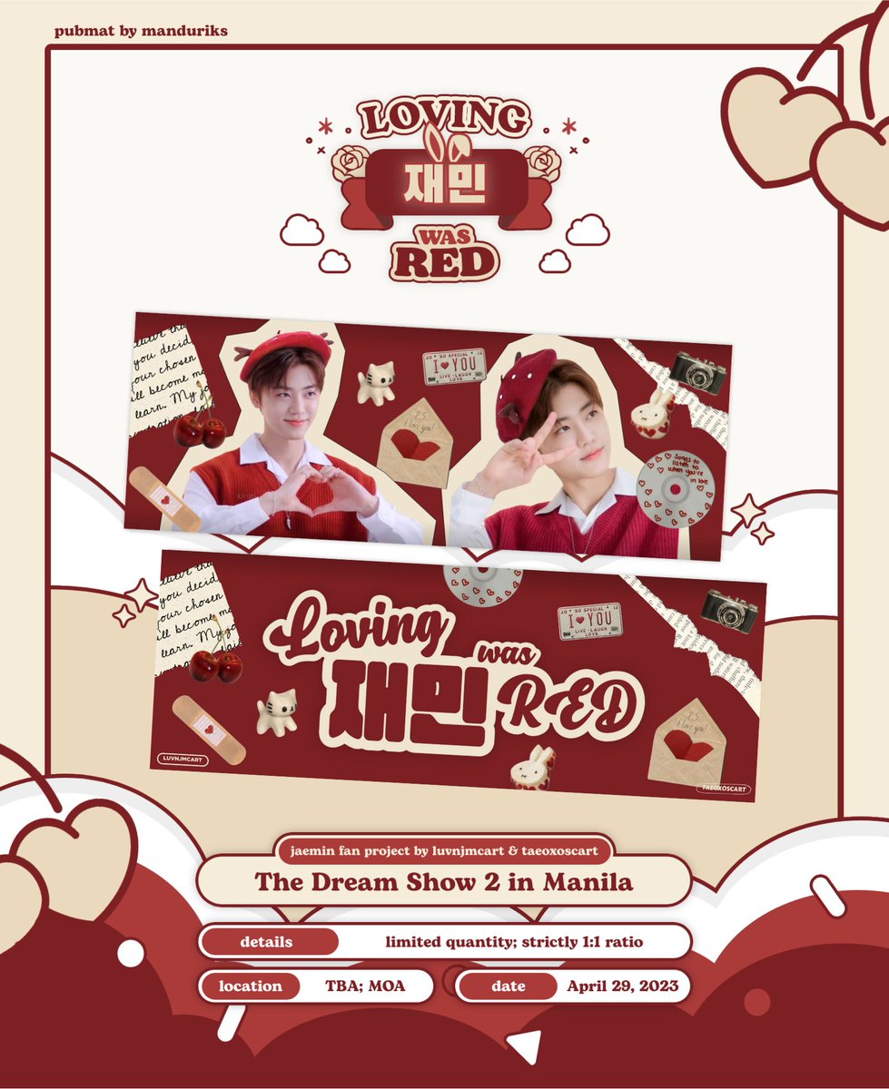 taeoxoscart's tweet photo. #THEDREAMSHOW2_in_MANILA 

JAEMIN FAN PROJECT by
@taeoxoscart &amp; @luvnjmcart

"loving 재민 was red"

❤️ how to claim? 
⇢ must be following, like &amp; rt!
⇢ show proofs on d-day

⇢ claiming loc tba!
⇢ x trade
⇢ we also accept donations! just dm us
⇢ team labas / con 🆗

See you! https://t.co/5CHF4gSlmt