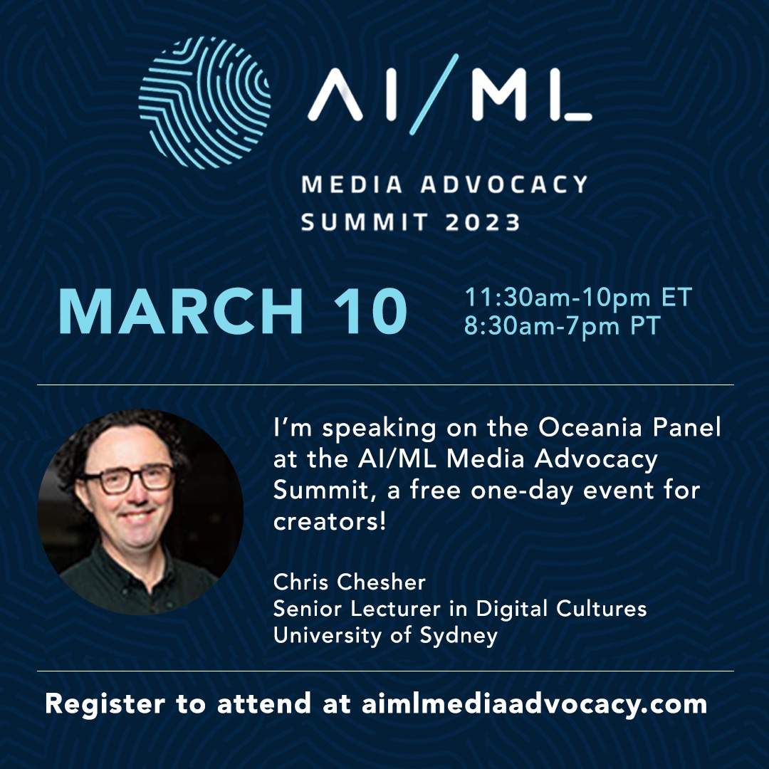 On Friday 10th March I'll be speaking at the AI/ML Media Advocacy Summit. This one day virtual event on all things AI/ML media generators will feature speakers from across the creative industries and from around the world aimlmediaadvocacy.com