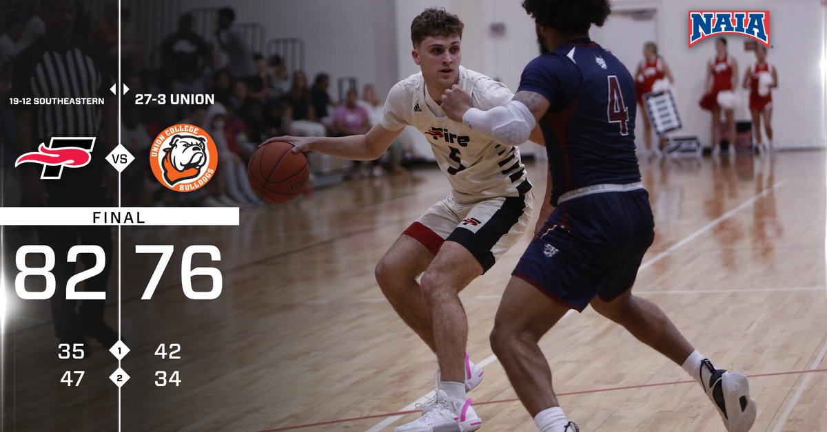 SEUFireMBB's tweet photo. WE PLAY ON!

Southeastern hands the sixth-seeded Union Bulldogs just their third loss of the season to advance to tomorrow's final! #FuelTheFire🔥

Minix: 30 points, 11 rebounds
Shore: 21 points, 6 rebounds, 4 assists, 2 steals
Blazquez: 19 points, 7 rebounds, 5 assists https://t.co/MDo7gLW66L