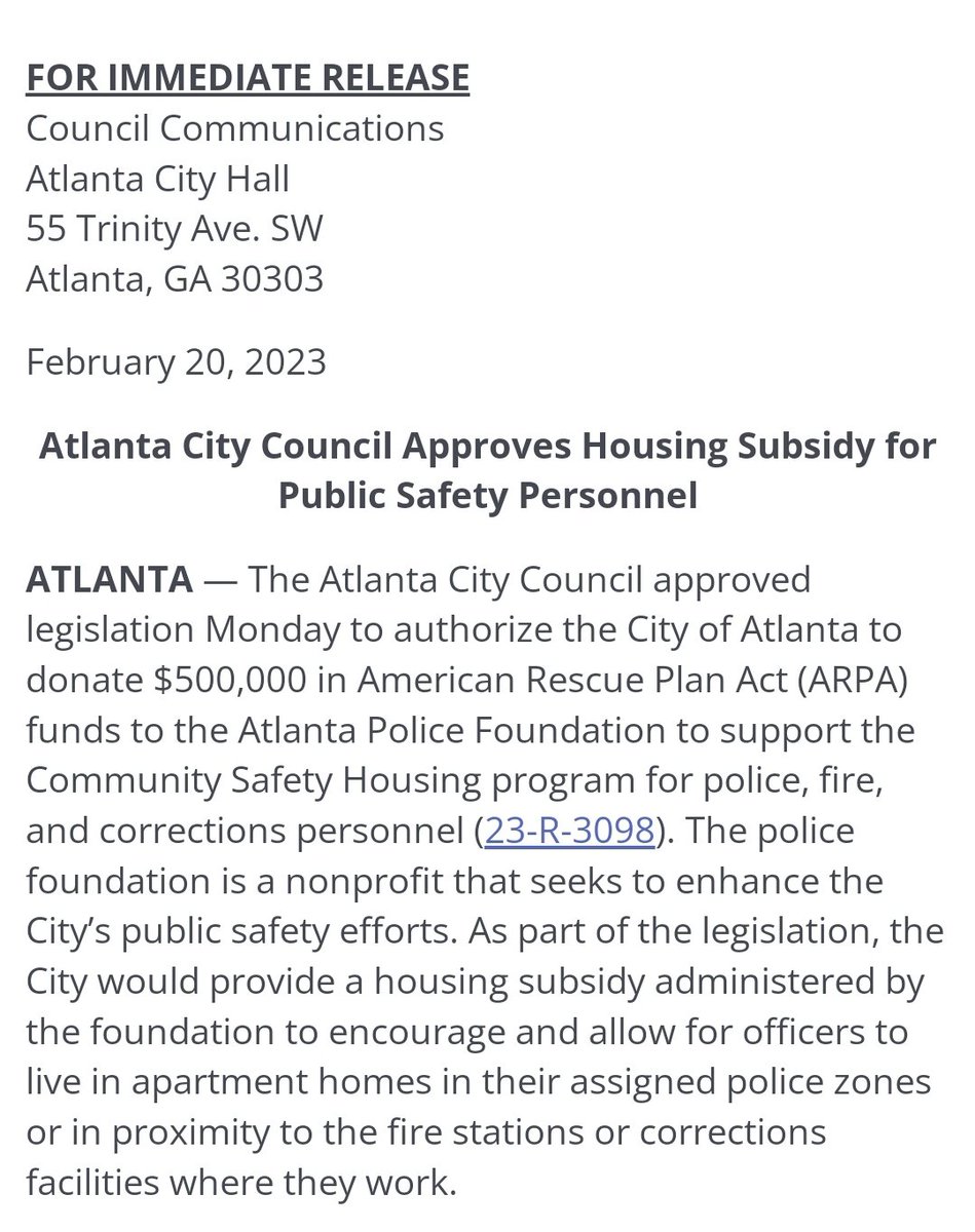 kamaufranklin's tweet photo. The Atlanta City Council donated $500k from federal covid funds to the Atlanta Police Foundation for Cop Housing.  In one of the docs, it states how the housing money will be given as a bonus if cops use it to report "neighborhood activity" i.e. surveillance. #StopCopCity https://t.co/RsCxS6llFK