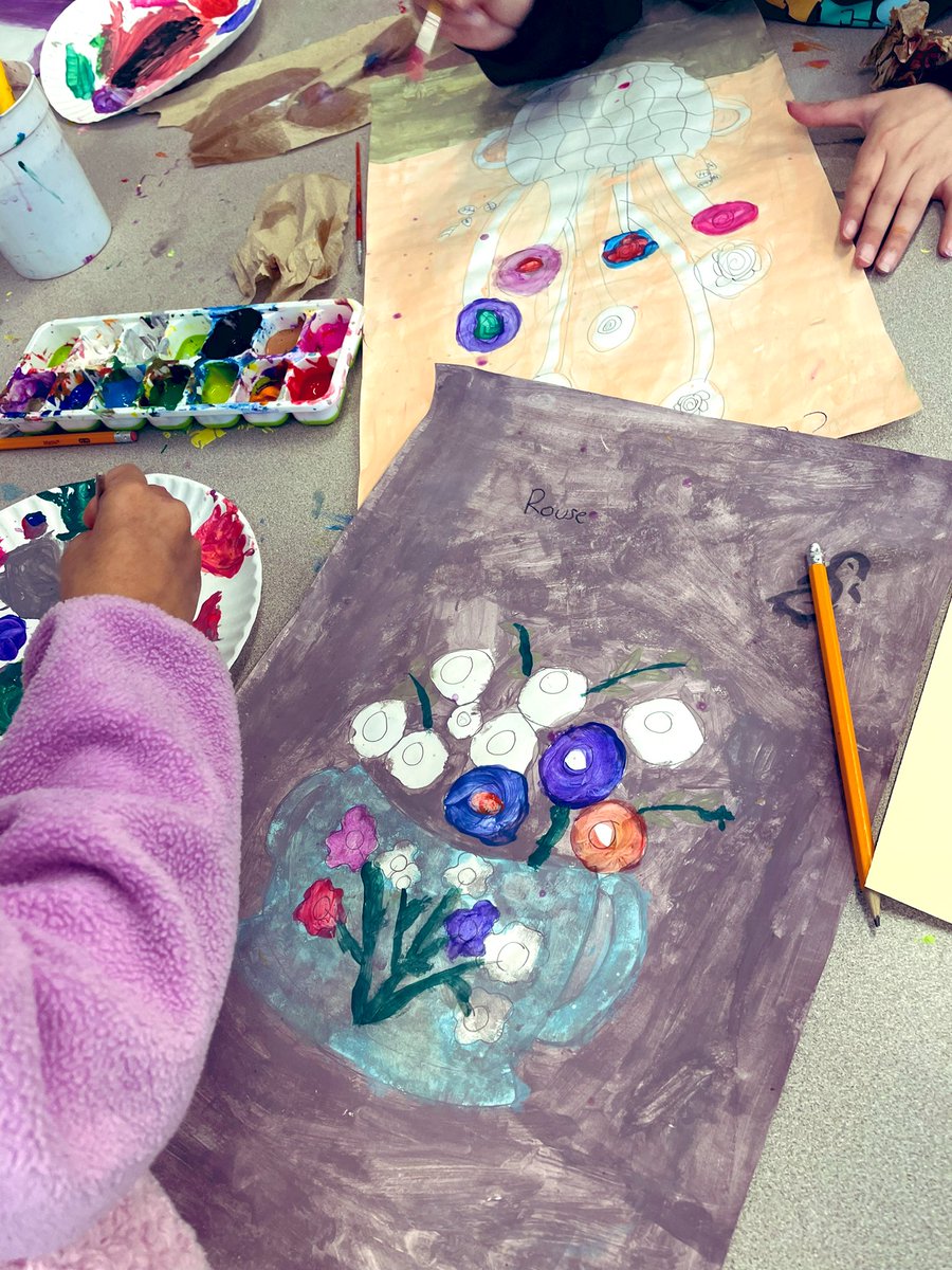 coming to an art gallery or museum soon!  can you even with these colors? moody and beautiful! 3rd graders are working hard on these #clementineHunter paintings! @RandolphStars @APSVirginia #zinnias