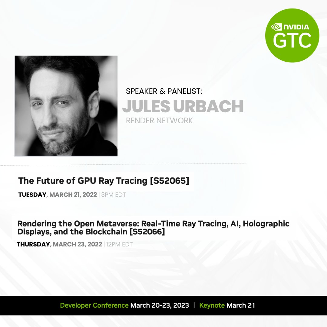 rendernetwork's tweet photo. Exciting announcement! Render Founder, @JulesUrbach is presenting at @Nvidia’s GTC23 (#1 AI Conference)!

For more information on the topics that he'll be presenting on, click the link below, get registered, and add his talks to your schedule: 

https://t.co/Cv6XI0icOH https://t.co/IkdKd2E6Lj