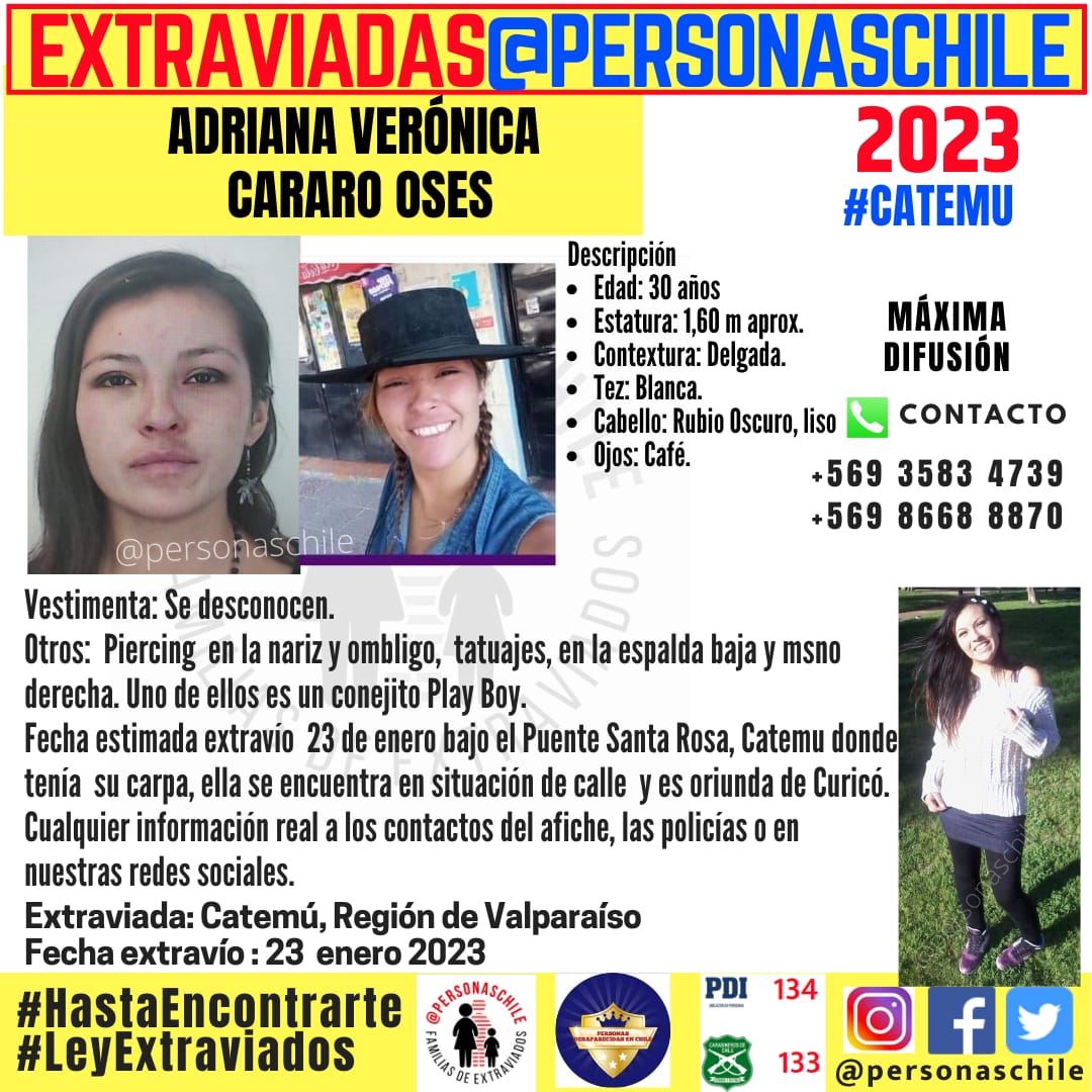 🚨ALERTA ACTIVA 🚨
1 mes y 12 días sin noticias de Adriana...#MAXIMADIFUSION #CATEMU <a href="/AlertaNoticiasV/">Alerta Noticias Valparaíso</a> <a href="/sitiodelsuceso/">Sitio del Suceso SDS</a> #HASTAENCONTRARTE  <a href="/AquiCatemu/">AquíCatemu</a>