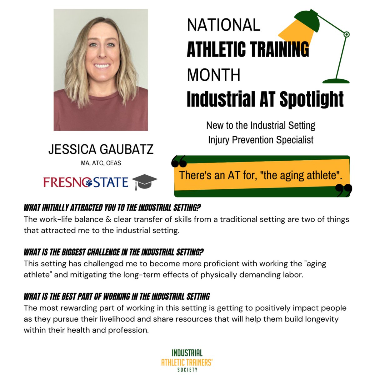 It's still March right? Then it's a great day for another #NATMSpotlight! Say hello to Jessica Gaubatz, an industrial AT who is helping her workers age gracefully and retire healthily!

#NATM2023 #TheresAnATForThat #AT4Me #IATS #InternationalWomensWeek