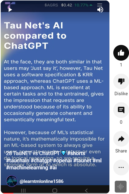 AndrewOnizuka's tweet image. "Comparing Tau Net's AI to ChatGPT: KRR vs. ML-based approach. Absolute vs. statistical." #StrongerAI #InnovativeTechnology #LogicBasedAI #ArtificialIntelligence #Tauchain $AGRS tau.net