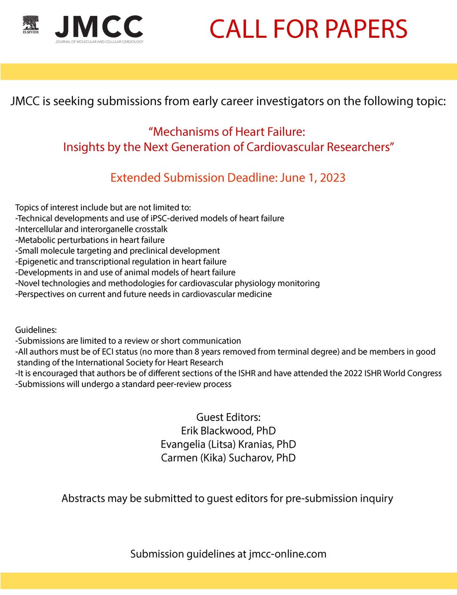 erik_blackwood (@blackwood_erik) on Twitter photo Calling ECIs! The deadline for submissions to the JMCC ECI Special Issue has been extended to June 1, 2023! Take advantage of this opportunity with your fellow trainees. <a href="/ISHR_NAS/">ISHR North American Section</a> <a href="/ISHR_ECI/">ISHR International ECI Committee</a> <a href="/ECI_ISHR/">Early Career Investigators @ISHR North America</a> <a href="/JMCCardiology/">Journal of Molecular and Cellular Cardiology</a> <a href="/ISHR_AUS/">ISHR Australasian Section</a> <a href="/ISHR_ES/">ISHR European Section</a> <a href="/ISHR_LAT/">ISHR LAT Section</a> Calling ECIs! The deadline for submissions to the JMCC ECI Special Issue has been extended to June 1, 2023! Take advantage of this opportunity with your fellow trainees. <a href="/ISHR_NAS/">ISHR North American Section</a> <a href="/ISHR_ECI/">ISHR International ECI Committee</a> <a href="/ECI_ISHR/">Early Career Investigators @ISHR North America</a> <a href="/JMCCardiology/">Journal of Molecular and Cellular Cardiology</a> <a href="/ISHR_AUS/">ISHR Australasian Section</a> <a href="/ISHR_ES/">ISHR European Section</a> <a href="/ISHR_LAT/">ISHR LAT Section</a>