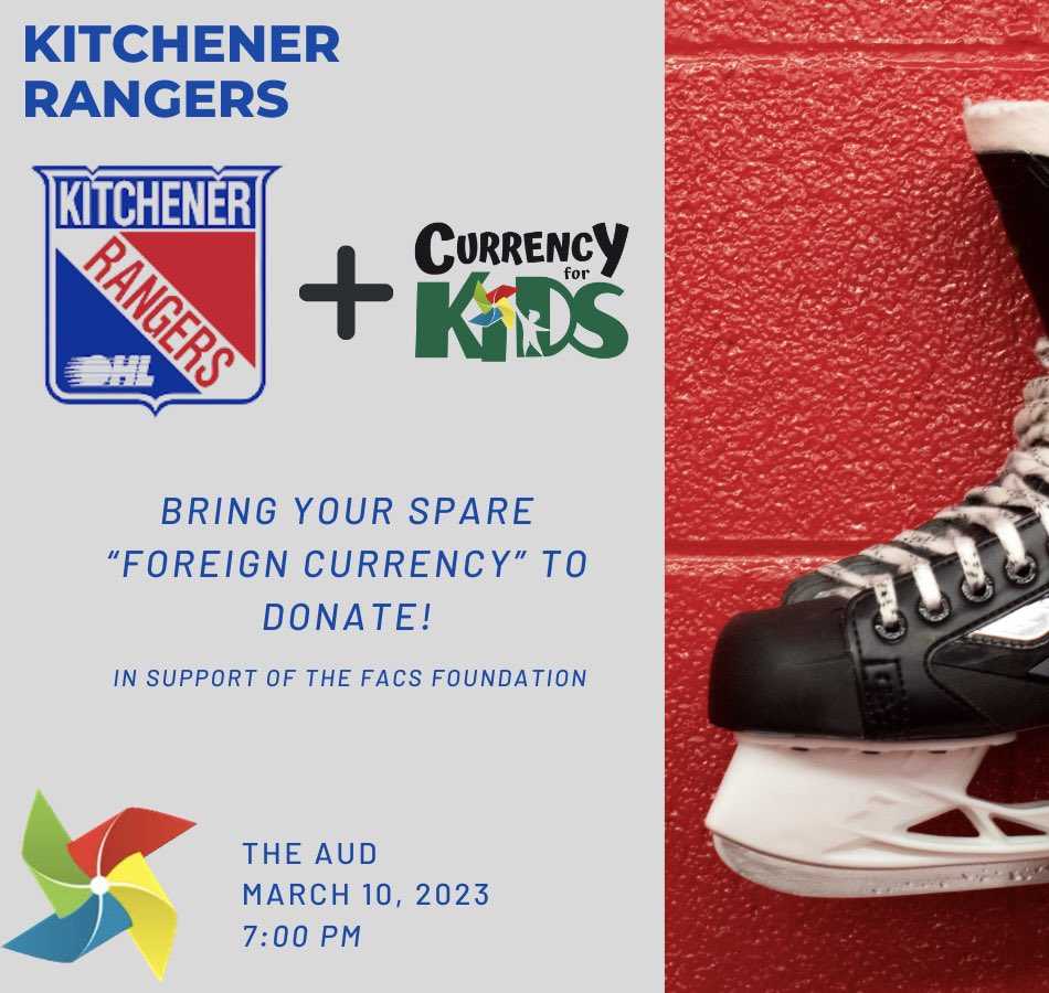 Family & Children's Services Foundation (@facsfoundation) on Twitter photo Join us this Friday at the <a href="/OHLRangers/">Kitchener Rangers</a>! Currency for Kids is fundraising spare foreign currency in support of FACS Foundation. Bring your spare change to donate! Canโt make it this Friday? We have another game on Sunday March 19th! #currencyforkids #makesomethinggoodhappen Join us this Friday at the <a href="/OHLRangers/">Kitchener Rangers</a>! Currency for Kids is fundraising spare foreign currency in support of FACS Foundation. Bring your spare change to donate! Canโt make it this Friday? We have another game on Sunday March 19th! #currencyforkids #makesomethinggoodhappen