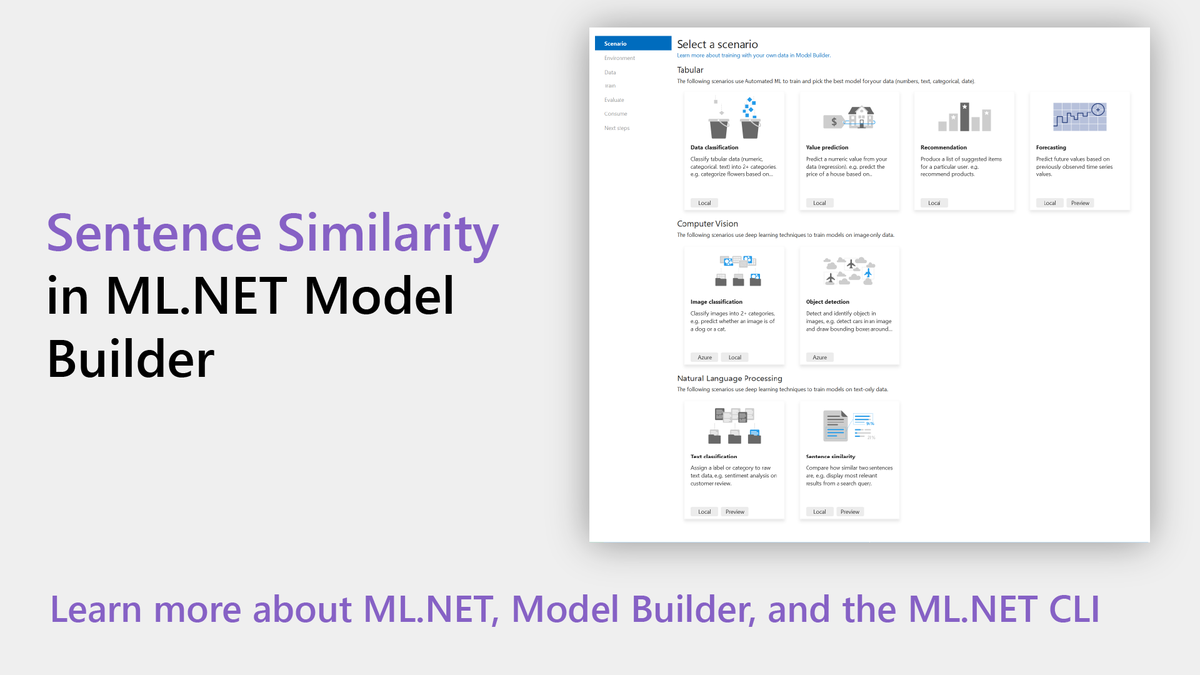 dotnet's tweet photo. Last week, we announced Sentence Similarity scenario in Model Builder (powered by #MLdotNET) that lets you train a custom sentence similarity machine learning model using your own data. 

Learn more about these powerful new features and get started today, https://t.co/f5qoHGdAQJ https://t.co/L1qfQeQPrf