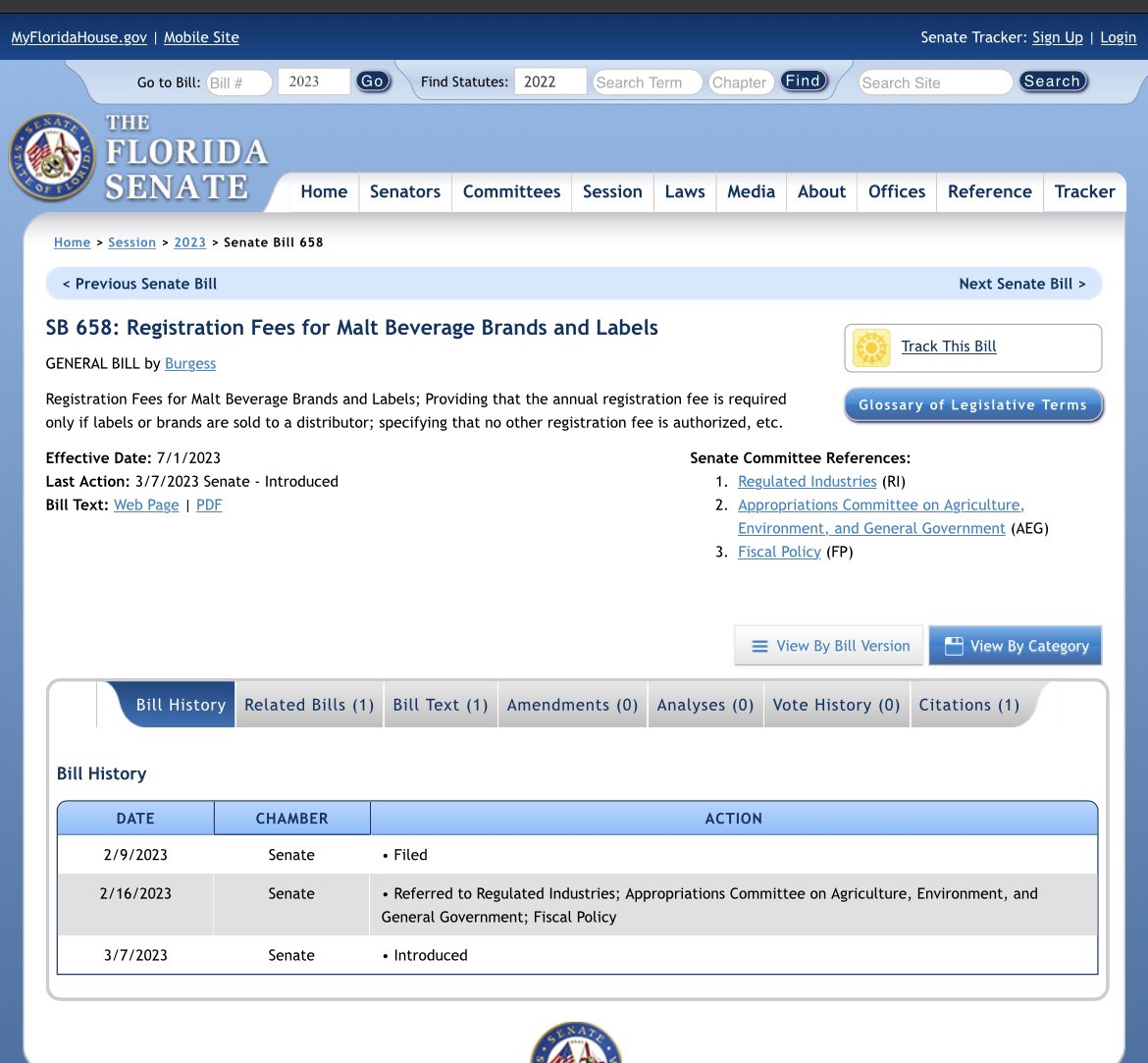 FLBrewersGuild's tweet photo. SB 658 / HB 1459 have been officially been filed and introduced. Thank you to @DannyBurgessFL  @byeager76 for getting behind this industry. Fixing brand registration is a great start! https://t.co/EDCEltXPBX