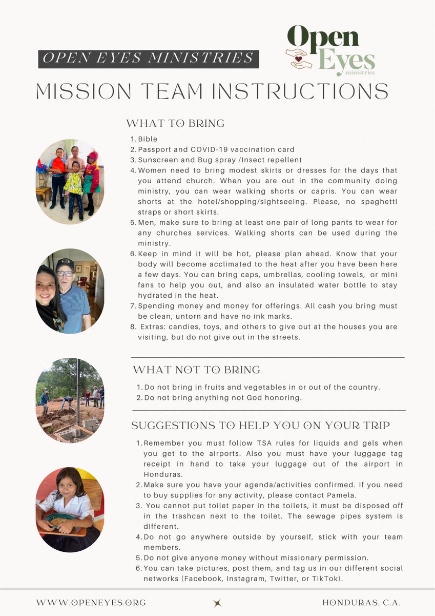 Mission Trip season is around the corner, and we want to be fully prepared 🙌🏻🤗
Please read our Mission Team Instructions, and feel free to share.

✨WE CAN NOT WAIT TO SERVE ALONG WITH YOU!✨

#missionteams #missiontrip #instructions #God #serving #OEM #MOA #OpenEyesMinistries