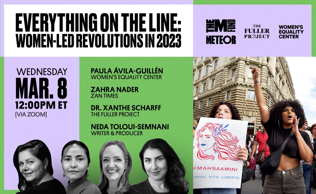 The Fuller Project (@fullerproject) on Twitter photo Mark your calendars and spend #InternationalWomensDay with us & <a href="/themeteor/">The Meteor</a>.
📅: March 8, 2023, 12pm ET
🎟️: bit.ly/3SEsi36
This virtual briefing features <a href="/pauavilg/">Paula Avila-Guillen</a>, <a href="/ZahraYusufi/">Zahra Nader</a>, <a href="/XantheScharff/">Xanthe Scharff</a> & <a href="/Neda_Semnani/">Neda Toloui-Semnani</a> reporting on Afghanistan, Iran & Latin America. Mark your calendars and spend #InternationalWomensDay with us & <a href="/themeteor/">The Meteor</a>.
📅: March 8, 2023, 12pm ET
🎟️: bit.ly/3SEsi36
This virtual briefing features <a href="/pauavilg/">Paula Avila-Guillen</a>, <a href="/ZahraYusufi/">Zahra Nader</a>, <a href="/XantheScharff/">Xanthe Scharff</a> & <a href="/Neda_Semnani/">Neda Toloui-Semnani</a> reporting on Afghanistan, Iran & Latin America.