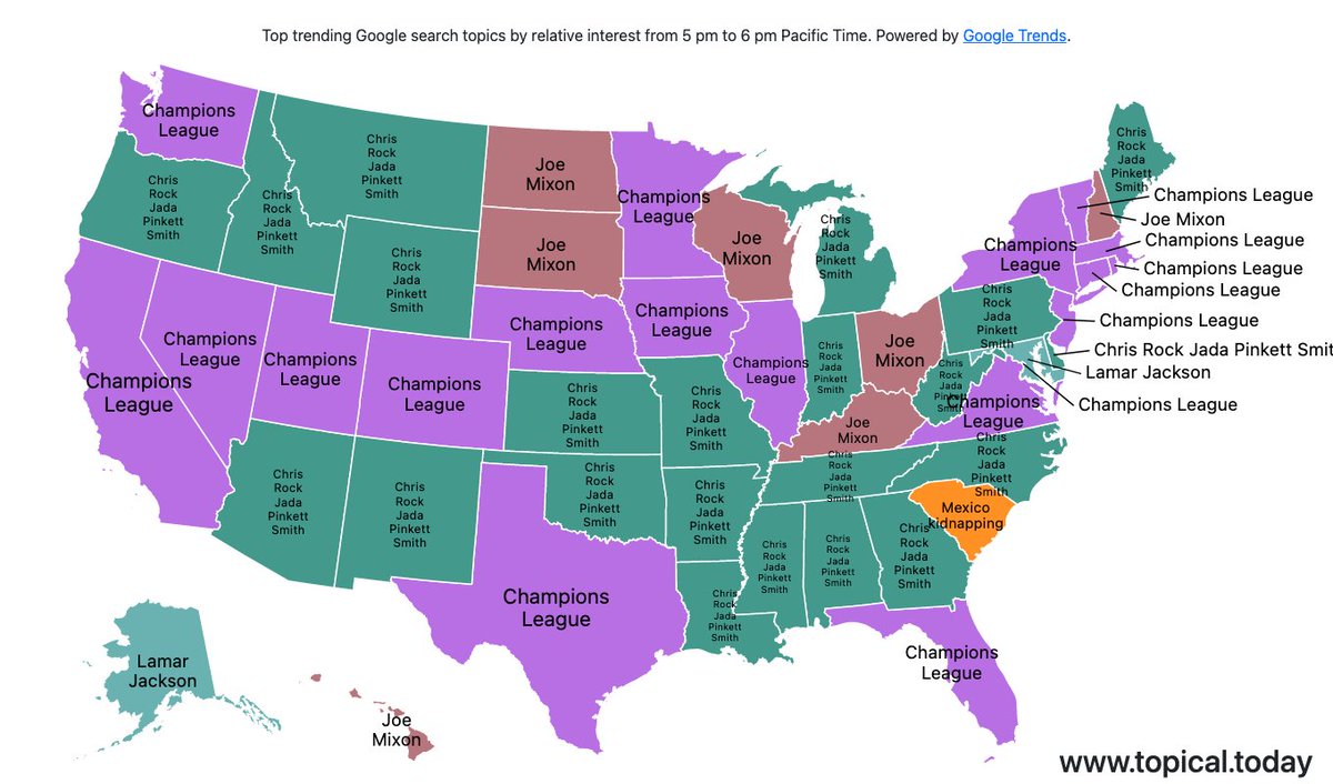 TopicalMaps's tweet image. Top Google Trends in the United States by relative interest in each state over the last hour. 

#ChampionsLeague #JoeMixon #Mexicokidnapping #LamarJackson #ChrisRockJadaPinkettSmith 

Live map at topical.today/countries/us
