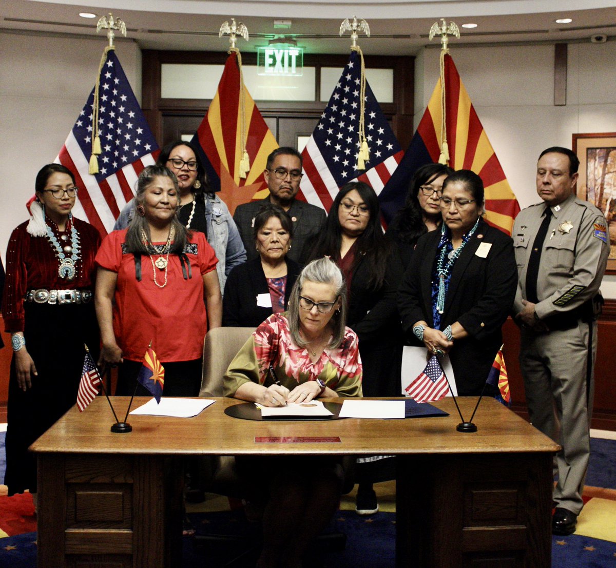 GovernorHobbs's tweet photo. Today, alongside tribal leaders, I signed an Executive Order establishing the Task Force on Missing and Murdered Indigenous People. For too long, our state has ignored tribal leaders’ pleas for help addressing the crisis of Missing and Murdered Indigenous People. Today we are taking the first of many steps to stop the abuse, exploitation, and violence against Indigenous Peoples.