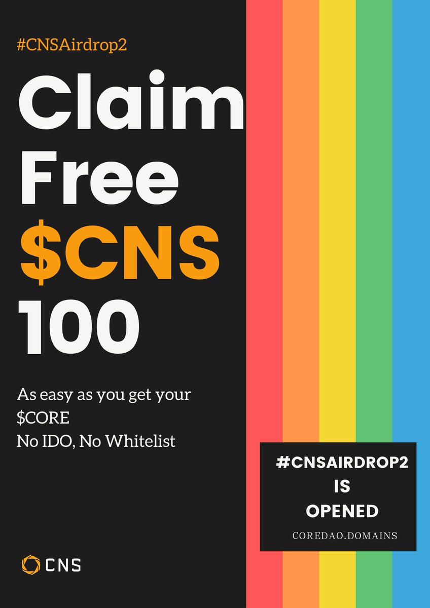 🔥🔥🔥#CNSAirdrop2 is opened.🔥🔥🔥

Claim free $CNS 100:
👉🏻Follow <a href="/Coredao_Domains/">cns.core</a> and Retweet
👉🏻Join tg group t.me/cns_core and input “/reward your wallet address”

Congs! Then🧵