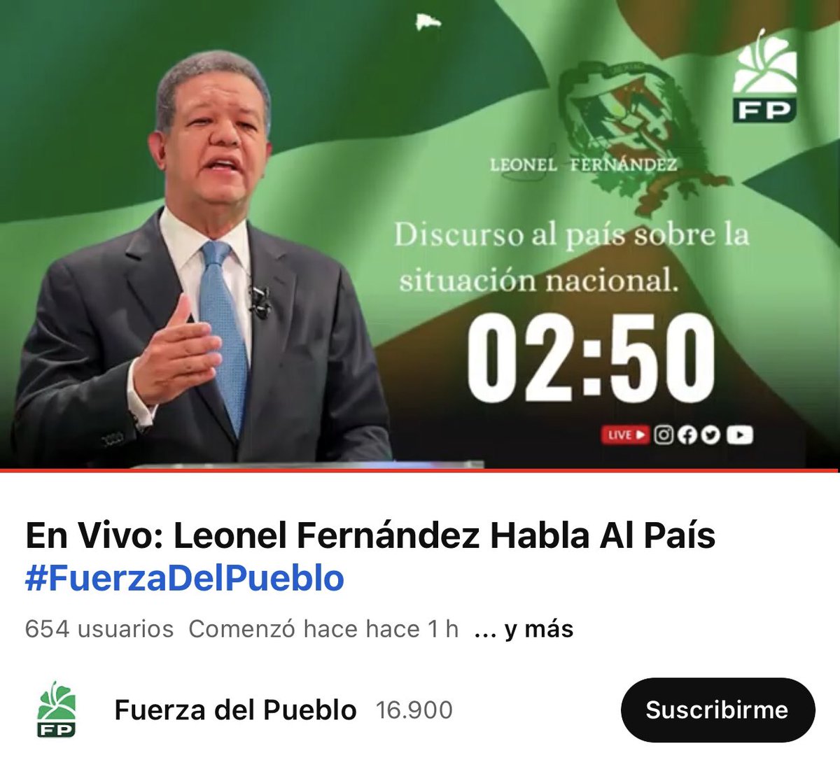FPcomunica's tweet photo. #FPComunica |

Más de 600 personas en YouTube están a la espera de la alocución de @LeonelFernandez  donde #LeonelHablaAlPais.

https://t.co/aqFBm6Ytsb https://t.co/z5J06fPRG9