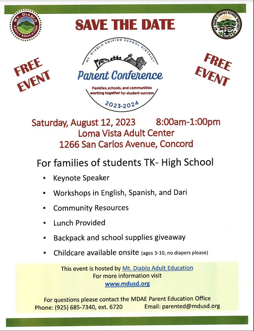 MtDiabloUSD's tweet photo. Save the Date! #MDUSD's Annual Parent Conference for the 2023-24 School Year is scheduled for Saturday, August 12th from 8 a.m. to 1 p.m. The free event includes lunch and childcare, as well as a backpack and school supplies giveaway. It will feature a keynote speaker &amp; workshops https://t.co/v3N59UrLgh