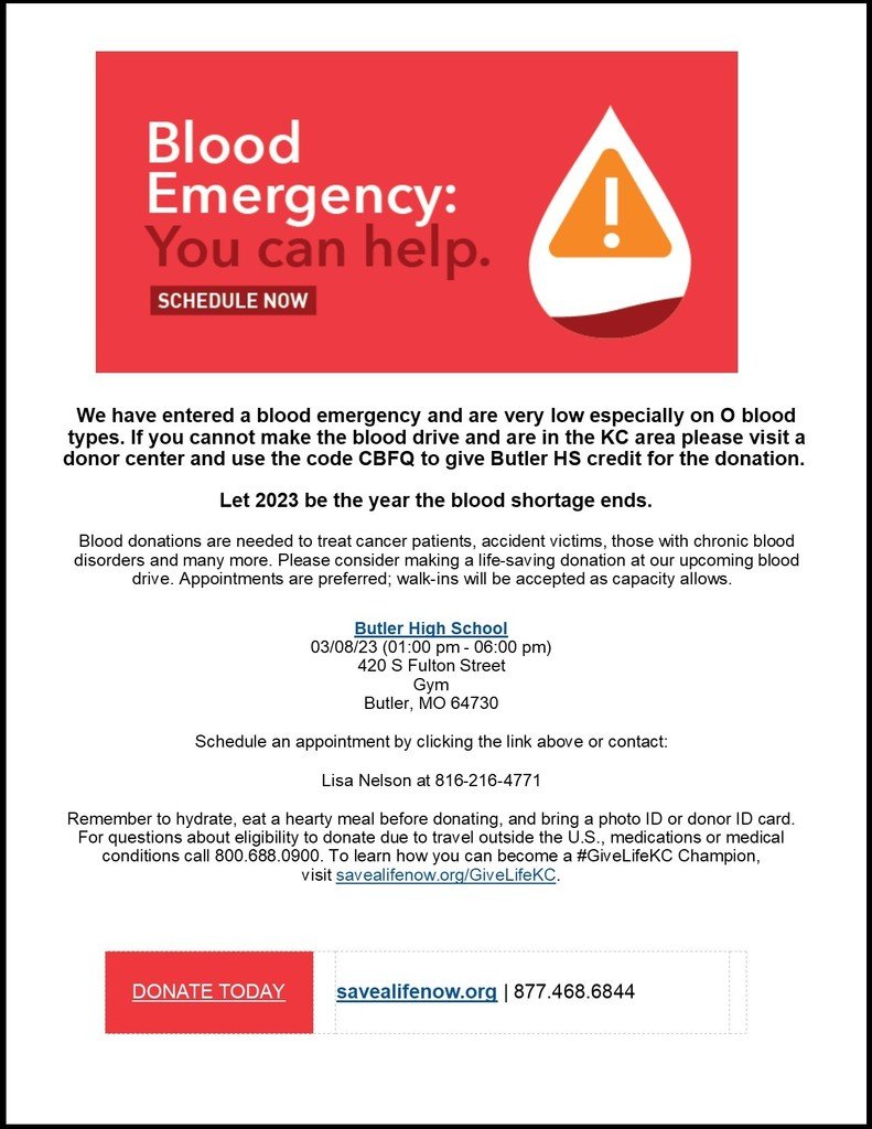 There is Blood Drive tomorrow, March 8.  See flyer for more information.