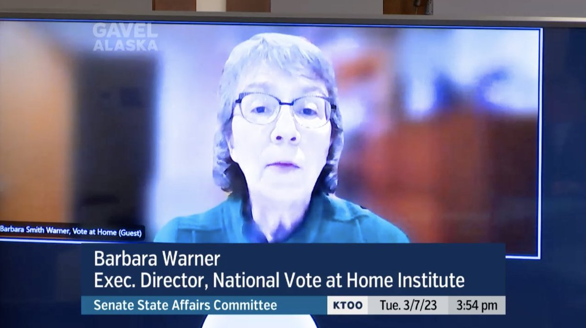 National Vote At Home Institute (@voteathome) on Twitter photo Happening now: Our Executive Director, <a href="/RepBSW/">Barbara Smith Warner</a>, testifies before the Alaska Senate Judiciary Committee in support of SB 19, a bill that contains four reforms we wholeheartedly support: Permanent absentee, Pre-paid postage on mailed ballots, Ballot tracking, and Ballot curing. Happening now: Our Executive Director, <a href="/RepBSW/">Barbara Smith Warner</a>, testifies before the Alaska Senate Judiciary Committee in support of SB 19, a bill that contains four reforms we wholeheartedly support: Permanent absentee, Pre-paid postage on mailed ballots, Ballot tracking, and Ballot curing.