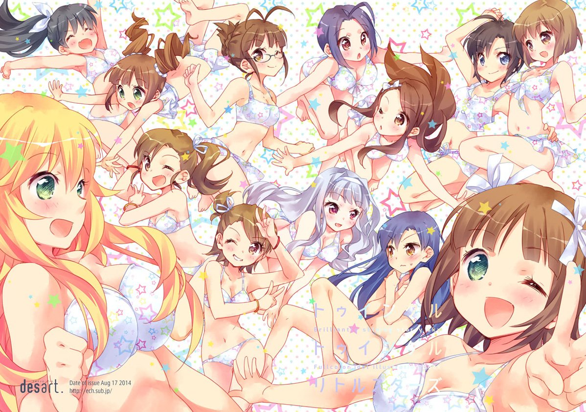 秋月律子 ,天海春香 ,双海亜美 ,双海真美 ,我那覇響 ,萩原雪歩 ,星井美希 ,菊地真 ,如月千早 ,水瀬伊織 ,三浦あずさ ,四条貴音 「一枚に含まれる要素が多いものはやっぱコストかかるよね 小物とか人物とか多いものは」|エイチ@「モテジョ」連載中のイラスト
