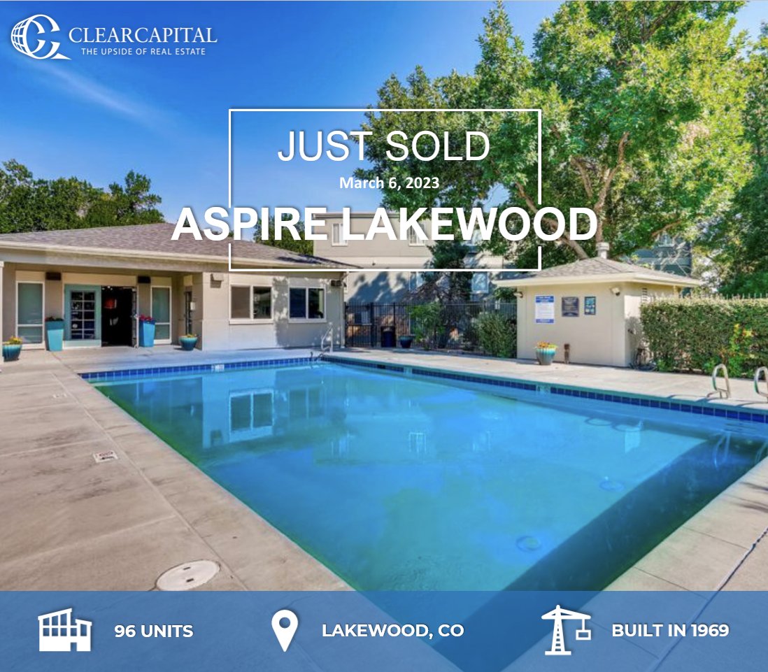ClearCapitalLLC's tweet photo. Clear Capital announces the sale of Aspire Lakewood, a 96-unit property in Lakewood, CO; delivering our investors an IRR of 17.03%. This disposition marks Clear Capital’s 12th sale since 2015 and 1st in 2023.

Read the press release: https://t.co/DgW8t9ZK8s https://t.co/sKQMNNAAJi