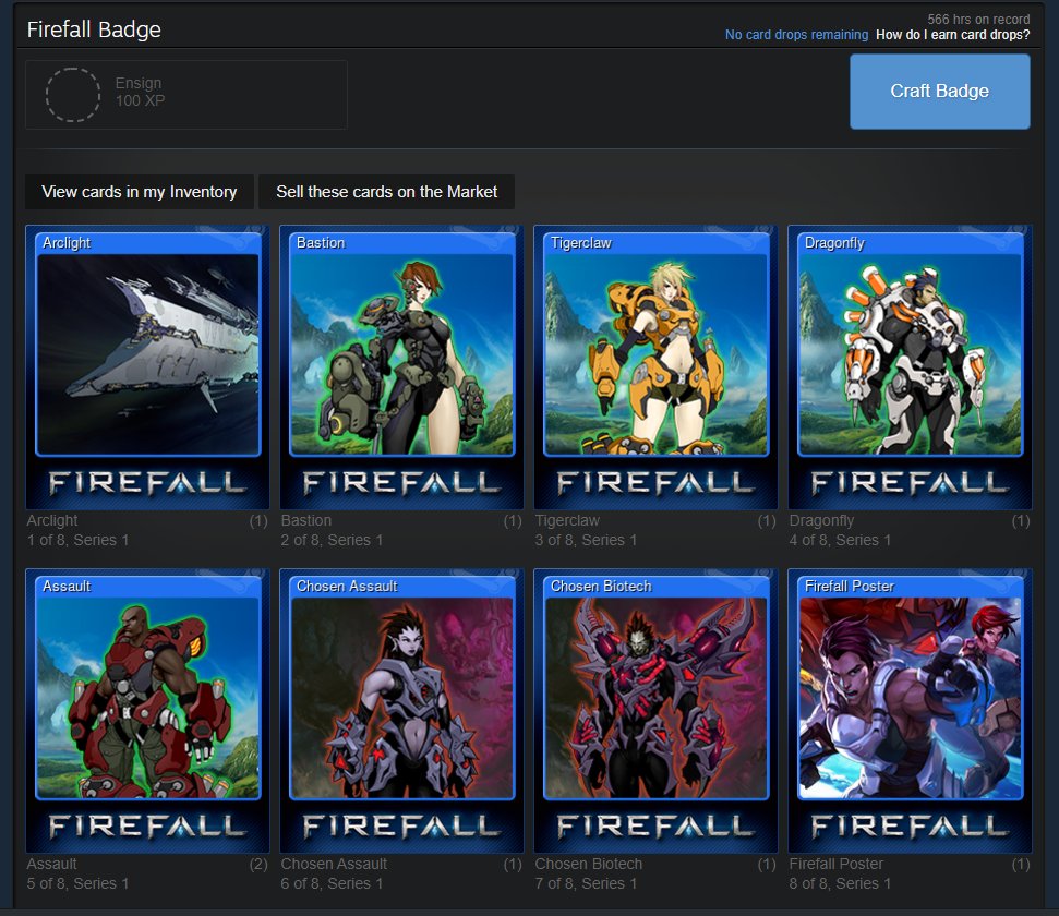 LeseAdam's tweet photo. Years later, I have finally completed my Firefall Steam Card set.  This game will always have fond memories for me #Firefall https://t.co/6hqu02NpvM