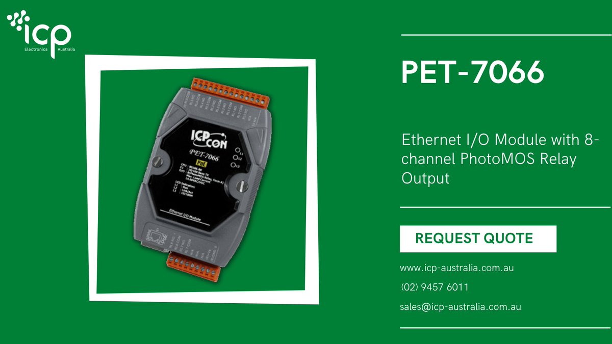 ICPElectronics's tweet photo. ICP Electronics Australia is proud to introduce #ICP DAS’s PET-7066. An #Ethernet I/O #module with 8 #PhotoMOS Relay #channels and an #integrated web server that enables easy #configuration, I/O #monitoring and I/O #control with the use of a standard web browser. https://t.co/UteqX6w4uj
